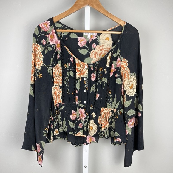 Patrons of Peace Boho Top Womens S Black Floral Crop Peplum Festival Blouse - Picture 2 of 6